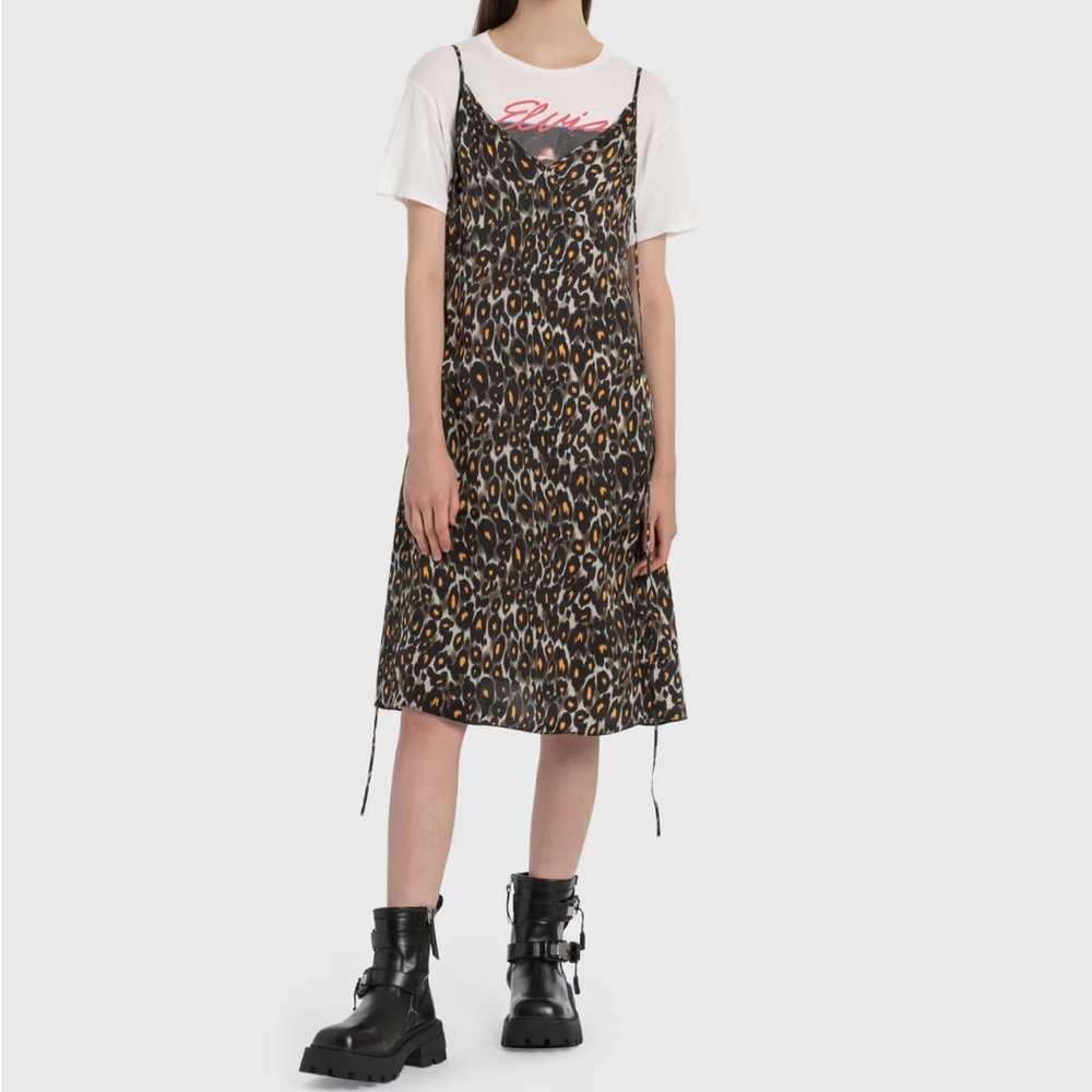 R13 Midi Slip Dress With Back Tie Gray Orange Leopard Size XS Grunge 90s